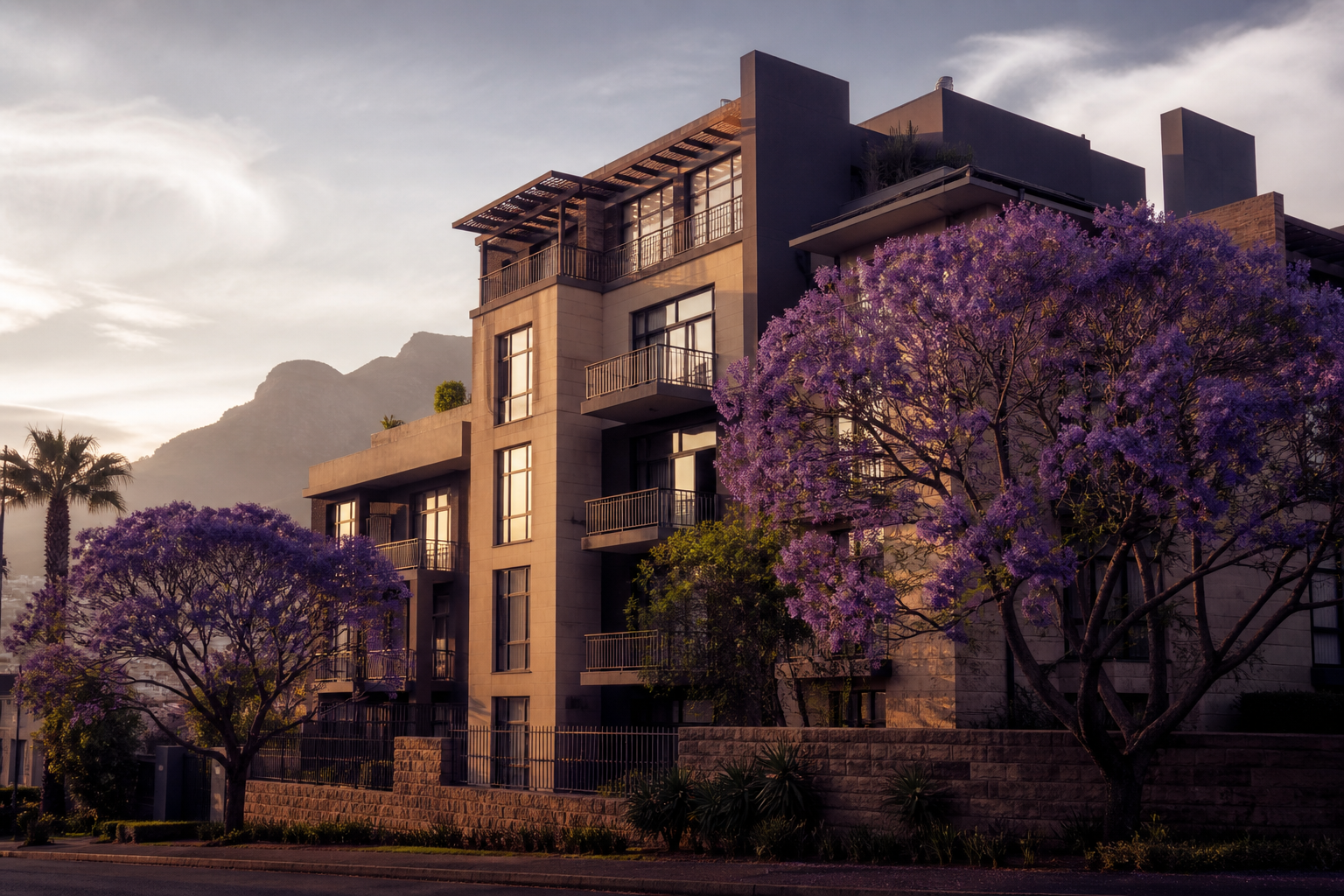 Cape Town apartment building with jacaranda trees in late afternoon light